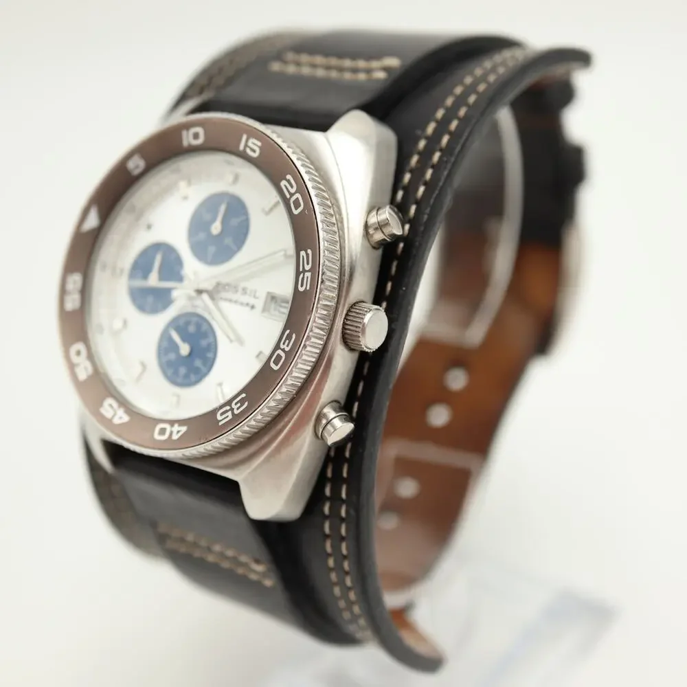 Fossil Speedway Chronograph 40mm Watch Brown Bezel Blue Sub Black Leather CH2337